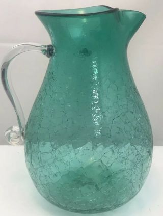 Large Vintage Blenko Blue - Green Crackle Glass Pitcher