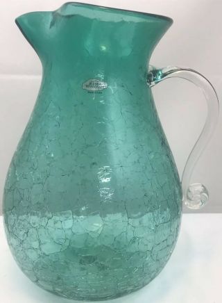 Large Vintage Blenko Blue - Green Crackle Glass Pitcher 2