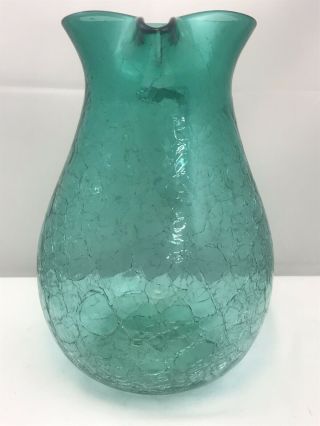 Large Vintage Blenko Blue - Green Crackle Glass Pitcher 4