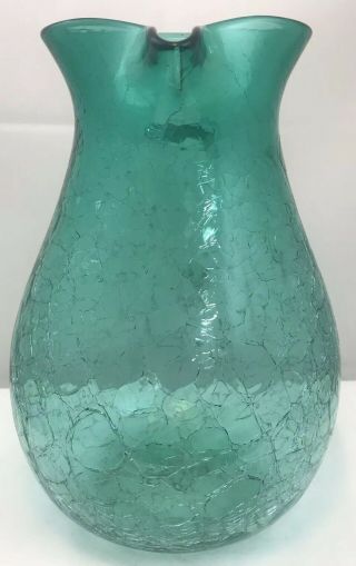 Large Vintage Blenko Blue - Green Crackle Glass Pitcher 5