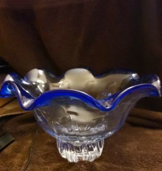 Large Cobalt Blue Cut to Clear Swirled Shannon Crystal bowl 7