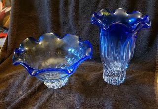 Large Cobalt Blue Cut to Clear Swirled Shannon Crystal bowl 8