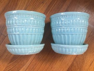 2 Vintage Mccoy Aqua Beaded Flower Pot Planter With Attached Saucer 4” Tall