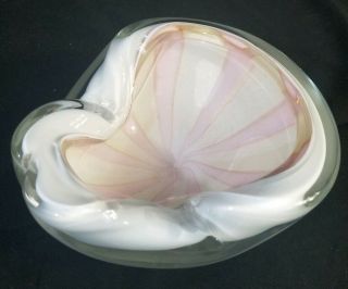 Vintage Murano Glass Ash Tray Bowl Pink Striped Candy Dish Gold Sparkle 6.  5x6 "