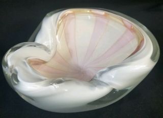 VINTAGE MURANO GLASS ASH TRAY BOWL Pink striped Candy Dish gold sparkle 6.  5x6 