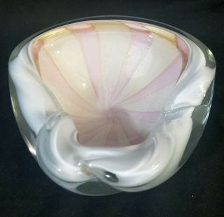 VINTAGE MURANO GLASS ASH TRAY BOWL Pink striped Candy Dish gold sparkle 6.  5x6 
