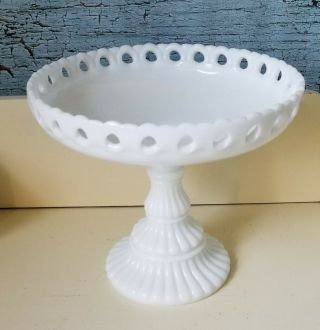 Vintage Imperial White Milk Glass Lace Edge Pedestal Footed Bowl