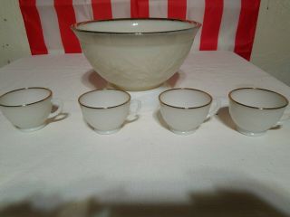 Vintage Anchor Hocking White Milk Glass Punch Set Bowl/ Base Flowers Gold
