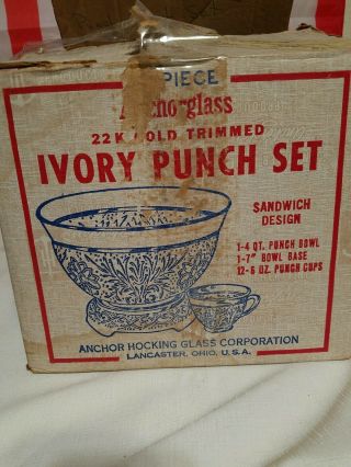 Vintage Anchor Hocking White Milk Glass Punch Set Bowl/ Base Flowers Gold 7