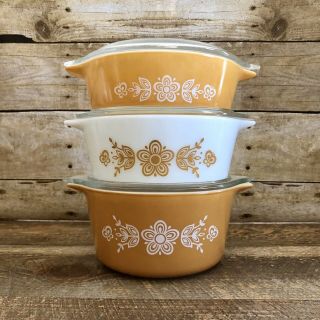 Vintage Pyrex Butterfly Gold Casserole Dishes With Lids 471 472 473