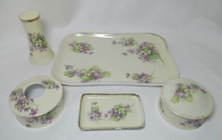 Antique O & E.  G.  Royal Austria Hand Painted Violets Dresser Tray Set