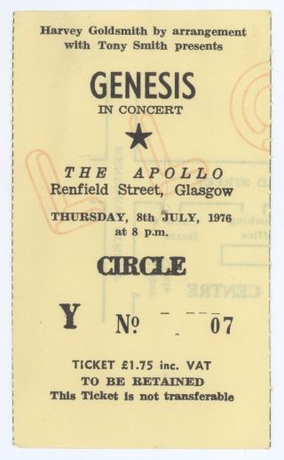 Rare Genesis 7/8/76 Glasgow Scotland The Apollo Concert Ticket Stub