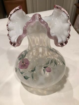 Fenton Opalescent Diamond Optic Vase With Lavender Crest & Hand Painted Flowers