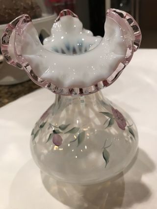 Fenton Opalescent Diamond Optic Vase With Lavender Crest & Hand Painted Flowers 2