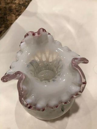 Fenton Opalescent Diamond Optic Vase With Lavender Crest & Hand Painted Flowers 3