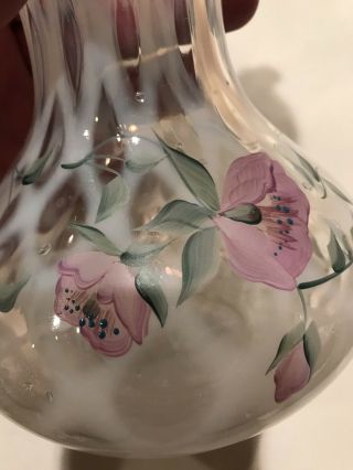 Fenton Opalescent Diamond Optic Vase With Lavender Crest & Hand Painted Flowers 7