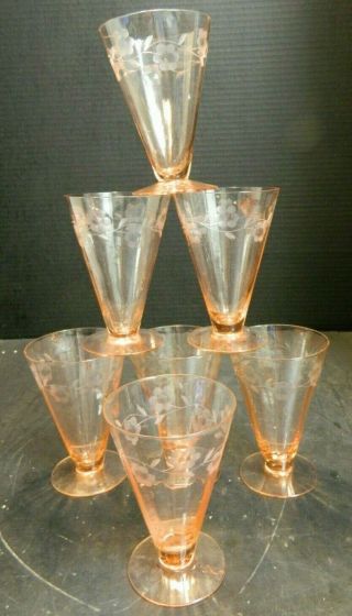Vintage Set Of (7) Etched Footed Pink Depression Juice Glasses Cond