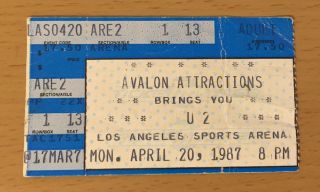 1987 U2 The Joshua Tree Tour Los Angeles Concert Ticket Stub Bono Edge 4/20 13