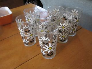 Vintage 7 Mid Century Daisy Black White Drinking Glasses Tumblers 10