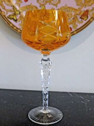 Vintage Ajka Amber Cut To Clear Etched Crystal Wine Goblet