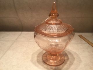 Vtg Pink Depression Glass 8 1/2” Princess Candy Dish With Lid On A Stem