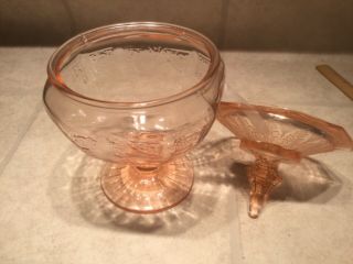 Vtg Pink Depression Glass 8 1/2” Princess Candy Dish with Lid on a stem 4