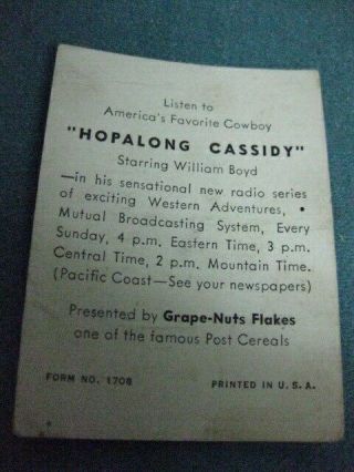 Vintage 1951 Post Cereal premium Hopalong Cassidy promoting the radio show 1708 3
