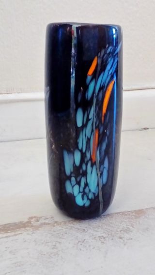 Stunning Vintage Black Art Glass Vase Mottled Blue & Orange Pattern