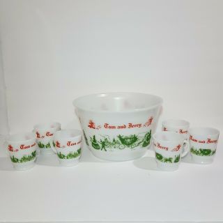 Vintage Hazel Atlas Tom And Jerry Punch Eggnog Bowl Set With 6 Handled Cups Mugs