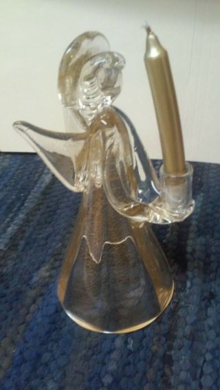 Murano Clear W/gold Flake Art Glass Candle Holder Standing Angel,  Made In Italy