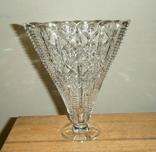 Lovely Abp Vintage Cut Glass Crystal Fan Shape Vase 8 " H Scalloped Rim