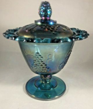 Indiana Blue Harvest Grape Carnival Glass Iridescent Lace Edge Candy Dish W/ Lid