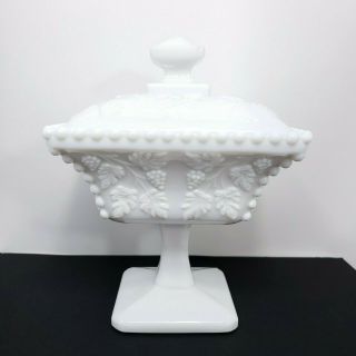 Westmoreland Paneled Grape Milk Glass Flared Beaded Bowl With Lid