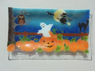 Peggy Karr Signed Fused Glass Halloween Tray 13 3/4 " Ghost Witch Jack O Lantern