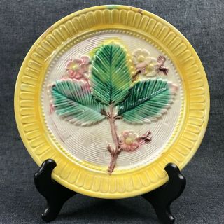 Antique Majolica Plate Strawberry Leaves Blossoms 8 " Basket Weave Yellow Border