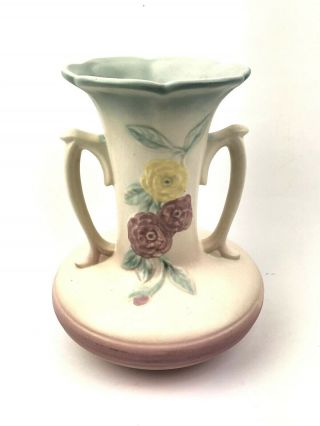 Vintage Hull Art Pottery Ohio Double Handled Vase Camelia Flowers 102 8.  5 "