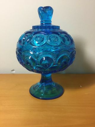 Le Smith Moon And Stars Blue Glass Pedestal Candy Dish/ Compote & Lid