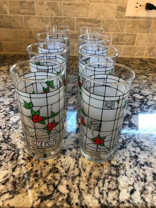 Vintage 8 Coke - Cola Holly Berry Glass Tumblers Made By Libbey Fs