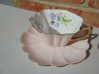 Vintage Shelley England Porcelain Cup & Saucer Pink W Mixed Flowers Lobed