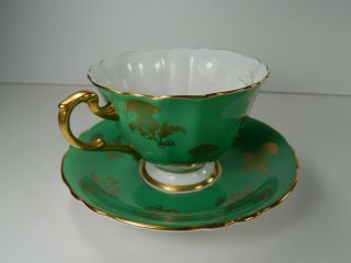 Paragon Yellow Pink Rose Tea Cup and Saucer.  Green with Gold Gilt. 3