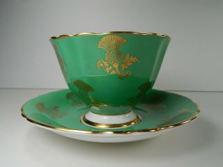 Paragon Yellow Pink Rose Tea Cup and Saucer.  Green with Gold Gilt. 4