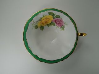Paragon Yellow Pink Rose Tea Cup and Saucer.  Green with Gold Gilt. 5