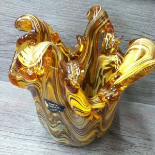 Murano White Crystal Brown Swirls Hand Made In Italy Glass Vase Dish Planter