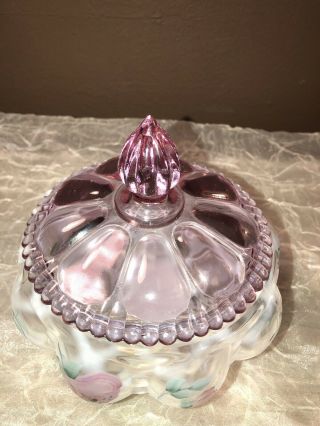 Fenton Hand Painted Glass Candy Dish Flowers With Pink Knob Lid Signed 2