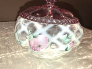 Fenton Hand Painted Glass Candy Dish Flowers With Pink Knob Lid Signed 3