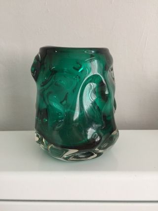 Vintage Hand Blown Whitefriars Studio Art Glass Green Knobbly Vase