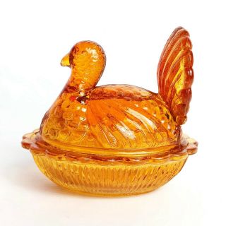 Vintage Orange Turkey on Nest Glass Dish Bowl for Relish,  Sauce,  Olives 2