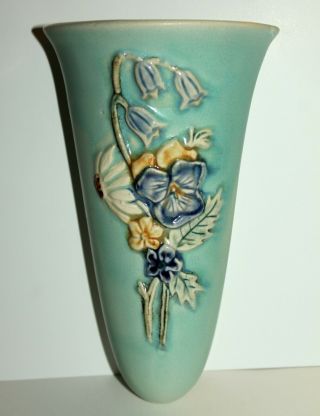 Vintage Roseville Pottery Ceramic Wall Pocket Vase Euc Daisy Flowers Blue/teal