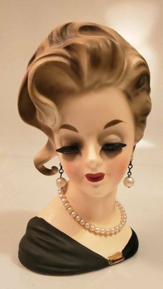 Vintage 1963 Inarco Porcelain Lady Head Vase Earrings Necklace Large Eyelashes