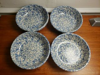 Gerald Henn Pottery Blue Spongeware Small Pasta,  Cereal Bowl Ribbed Set Of 4